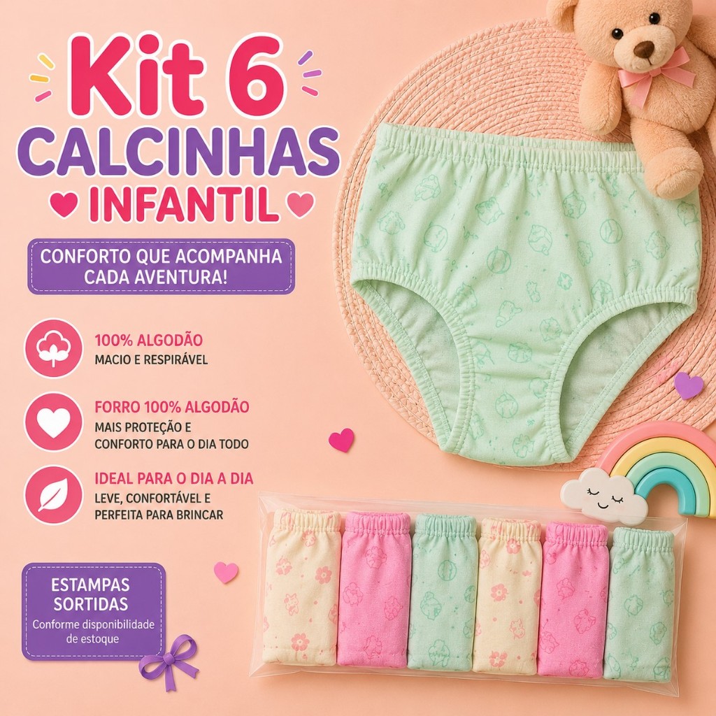 Kit 6 Calcinha Infantil 100% Algodão Estampadas Sortidas P ao GG