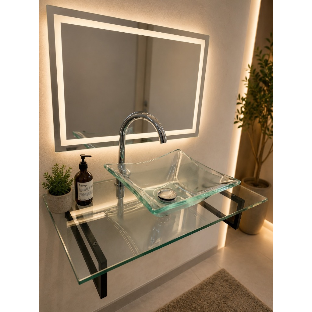Kit Lavabo Lavatorio de Vidro para Banheiro 40x40cm 50x40cm 60x40cm com Espelho LED Jateado Pia Cuba Luxo