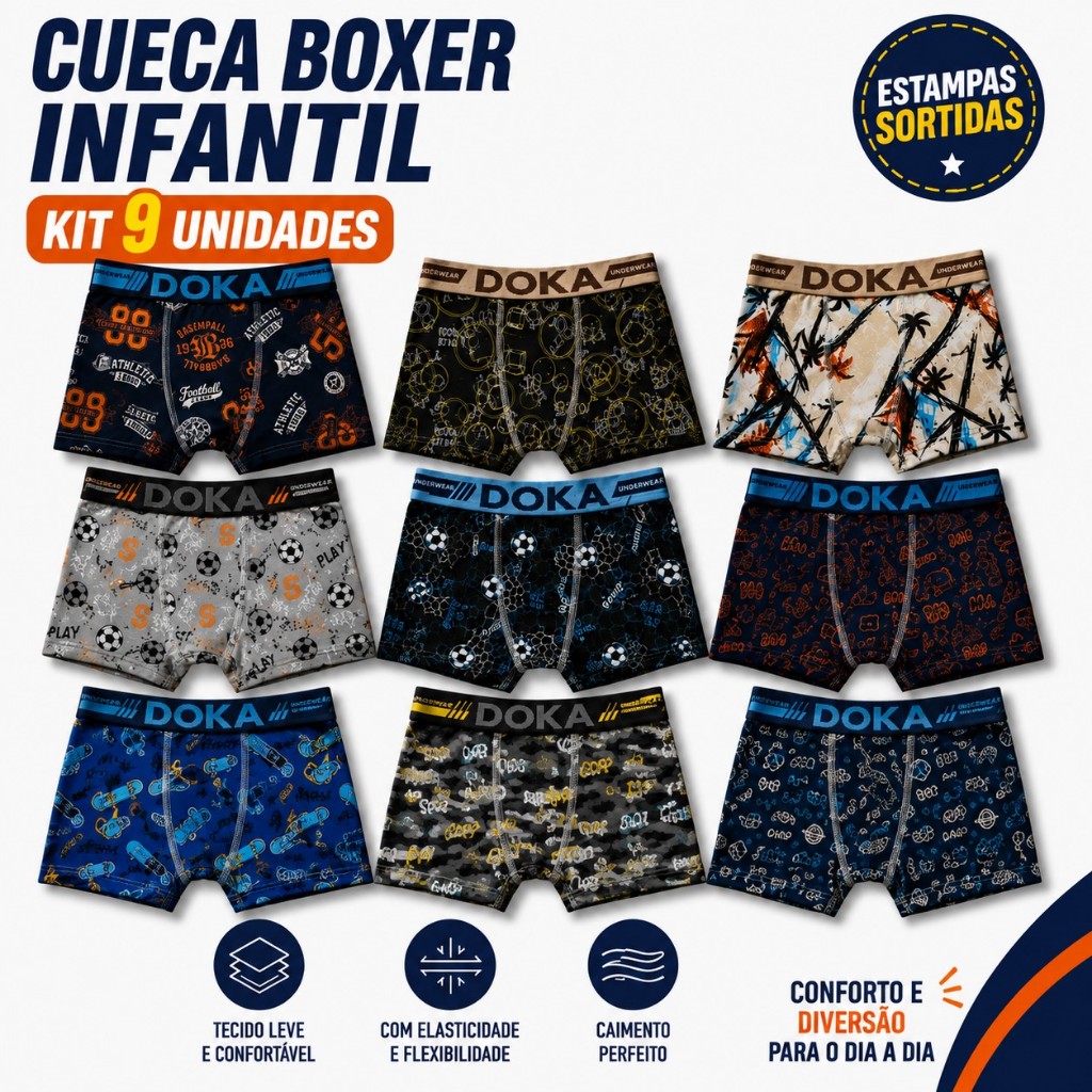 Kit 9 Unidades Cueca Boxer Infantil Juvenil Estampada Menino Cós Elástico Estampas Sortidas