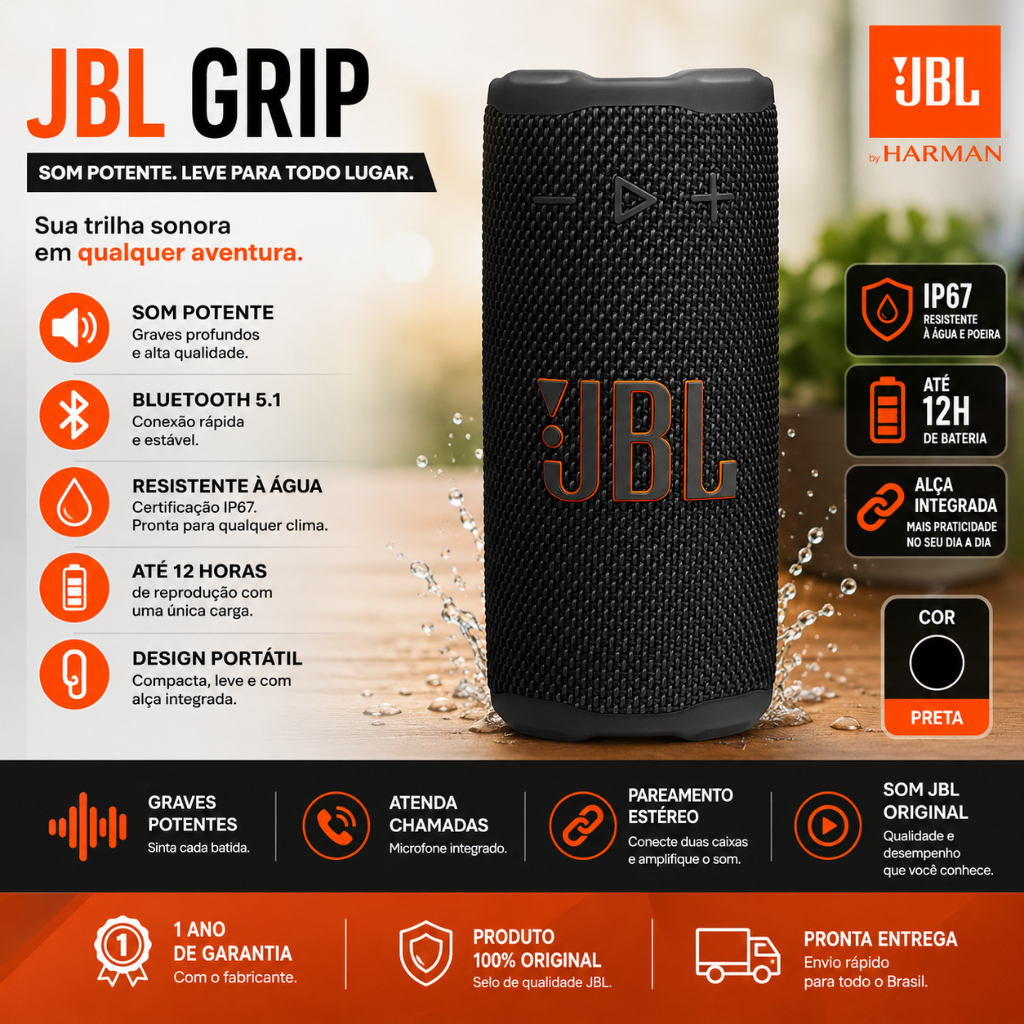 JBL Grip Caixa de Som Portátil Bluetooth 5.4 IP68 Resistente à Água Preta
