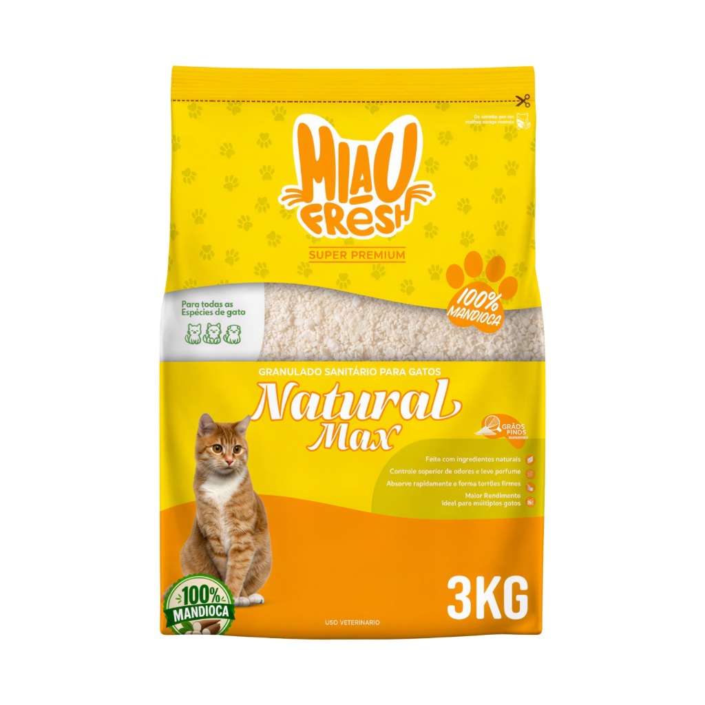 Areia Higiênica Biodegradável 3Kg Mandioca P/ Gatos Controle De Odores Torrão