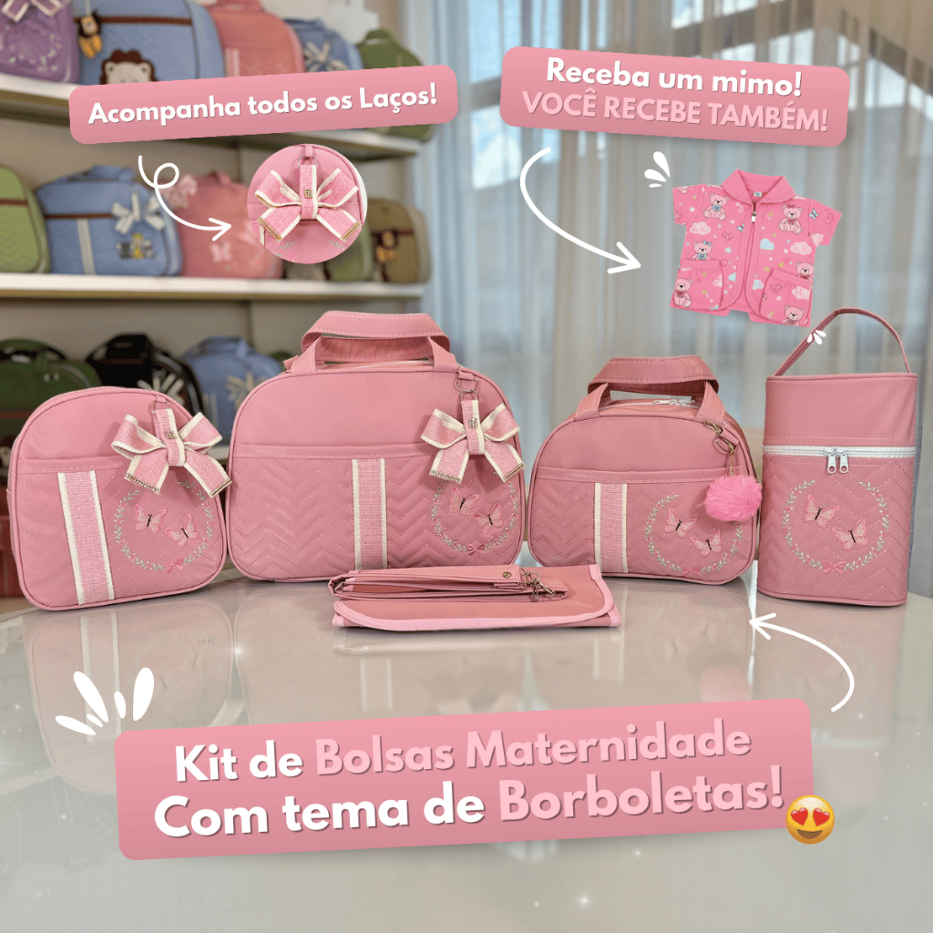Bolsa para Meninas Enxoval Saída Maternidade Kit Completo com 5 peças com Borboletas.