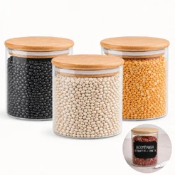 Kit 3 Potes Herméticos Vidro 800ml com Tampa Bambu Vedação Silicone Cozinha Mantimento Premium