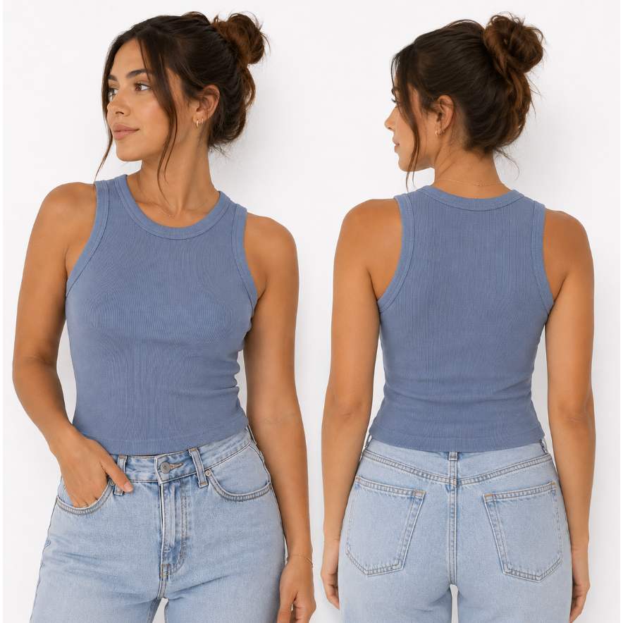 Blusa Feminina Canelada Ribana Gola Redonda Algodão Elastano Casual