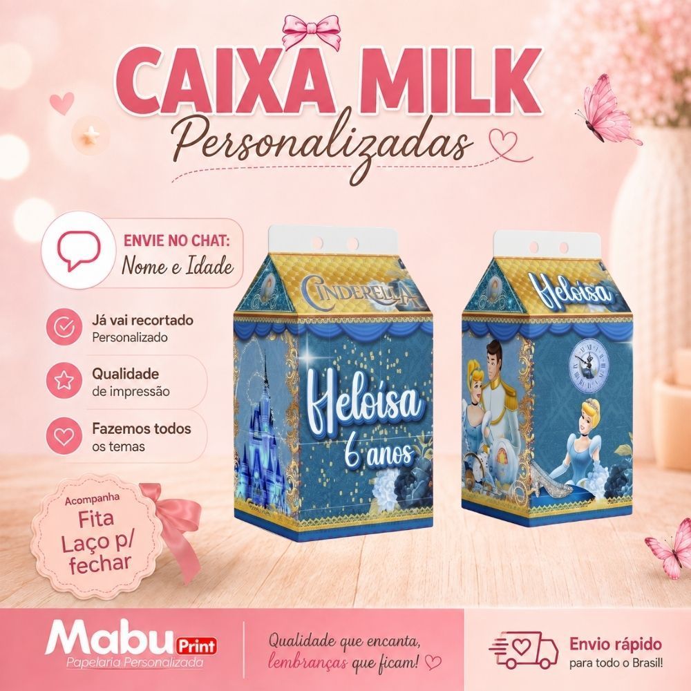 Kit Caixinhas Milk Personalizada Com Nome Tema CINDERELA Personalizada Lembrancinhas de Festa - Caixa Milk