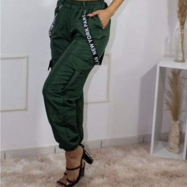 calça  feminino tactel suspensório  blogueira 4 bolsos moda 2025-2026