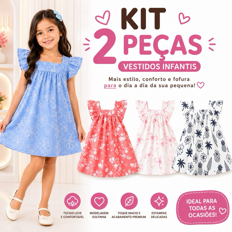 Kit 2 Vestidos Infantil Menina Manga Estampado Verão Roupa Infantil Menina Dia a Dia