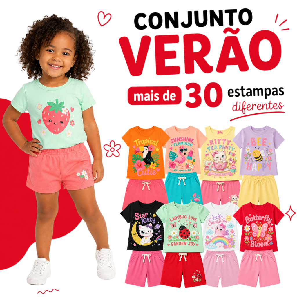 Kit 20 Peças Infantil Menina Verão Camiseta e Short Estampados Sortidos Roupa Infantil 1 a 8 Anos - 10 Conjuntos