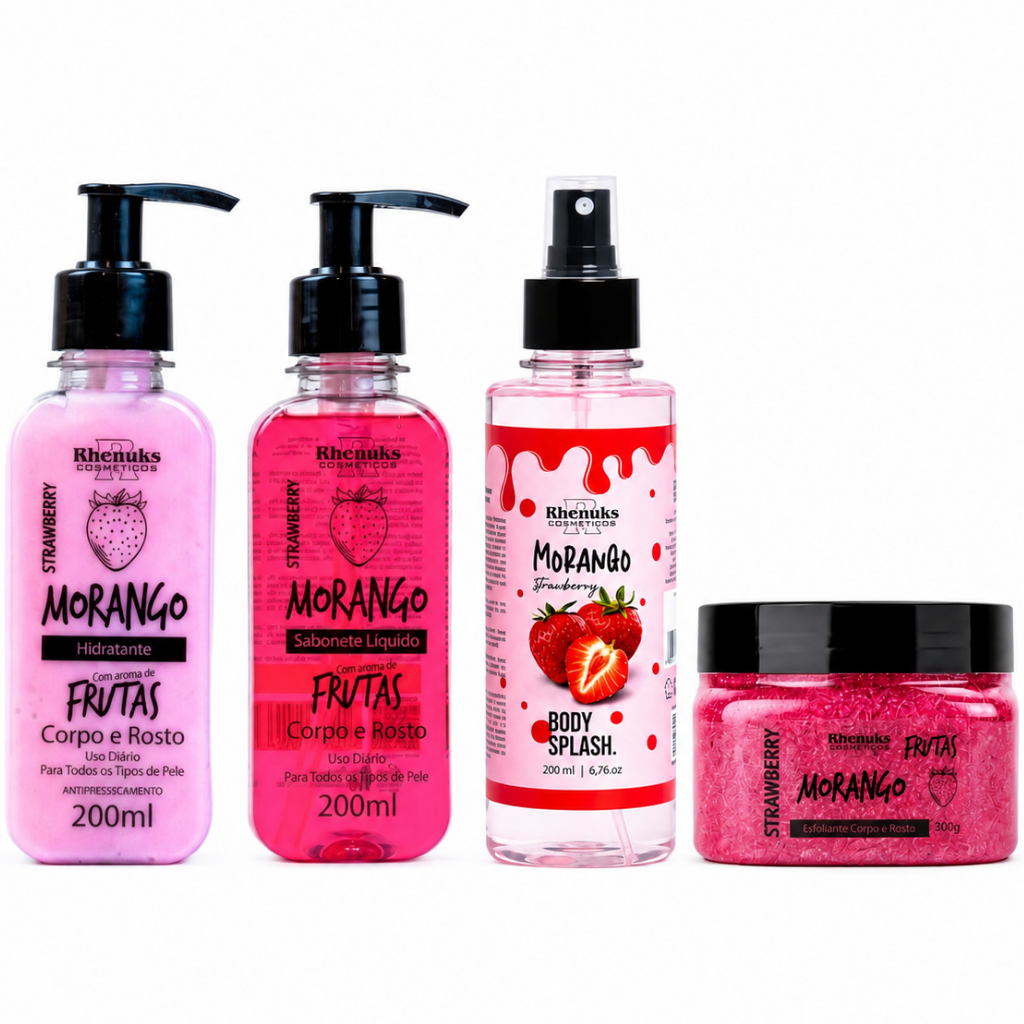 Kit Morango Rhenuks 4 Itens Hidratante, Sabonete, Body Splash e Esfoliante
