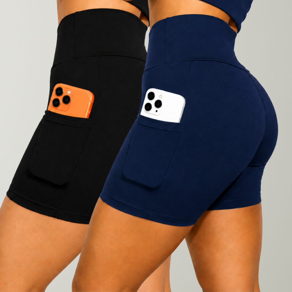 KIT 02 Shorts Feminino Fitness Suplex Bolso Lateral Cós Alto Alta Compressão Zero Transparência