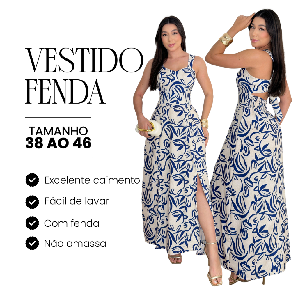 Vestido Feminino Verão Estampado Tecido Duna com Fenda Lastex e Amarração nas Costas 38 ao 46