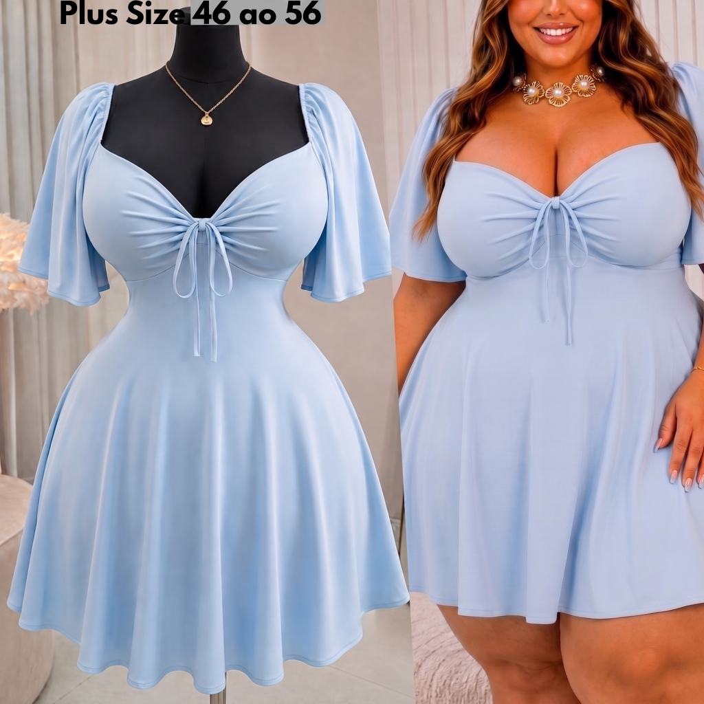Vestido Plus Size Curto Vestido Rodado Acinturado Soltinho Manga Ciganinha Ombro a Ombro Elegante Aberto nas Costas