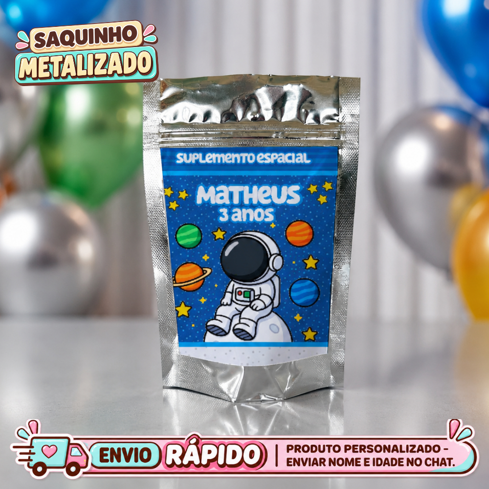 Saquinho Metalizado Astronauta Personalizado Lembrancinha de Festa Aniversário