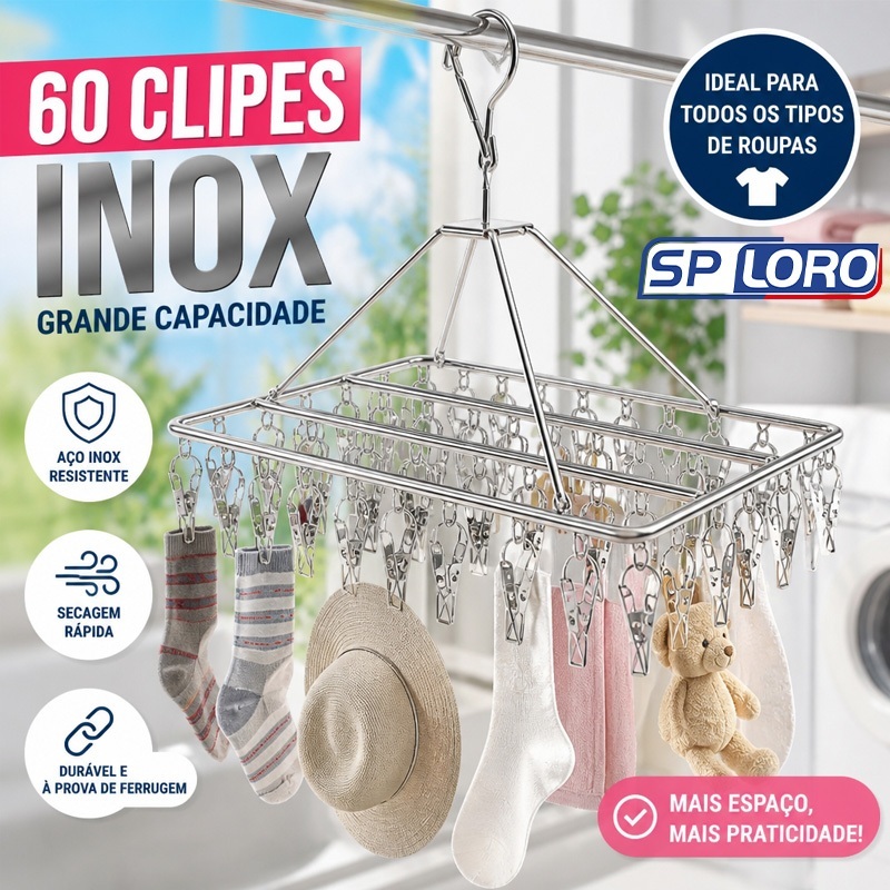 Varal Inox 40/60 Clips com Prendedores Reforçados Dobrável para Calcinhas, Cuecas, Meias e Roupas de Bebê TJ