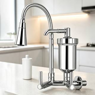 Torneira de cozinha flexível para montagem na parede com saída para filtro.