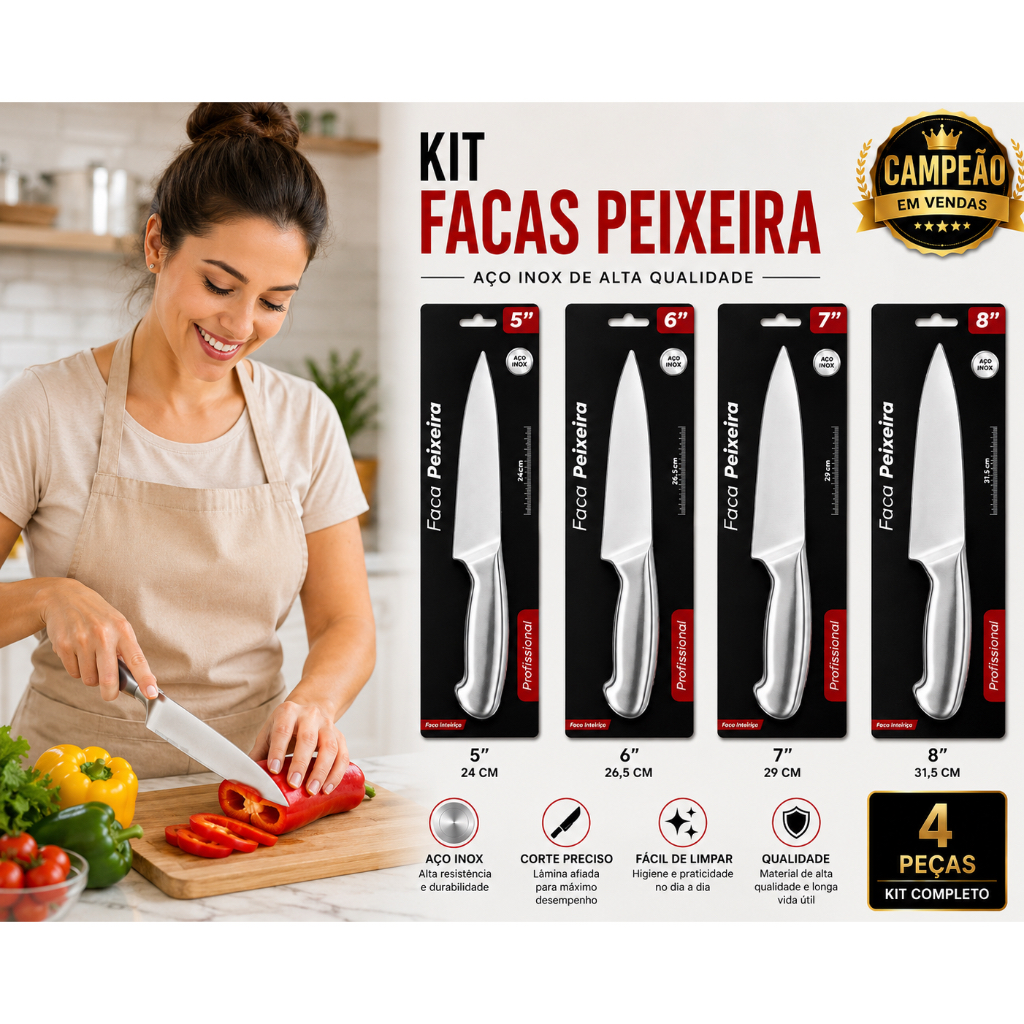 Kit 4 Facas Peixeira Aço Inox 5” 6” 7” 8” Profissional Cozinha