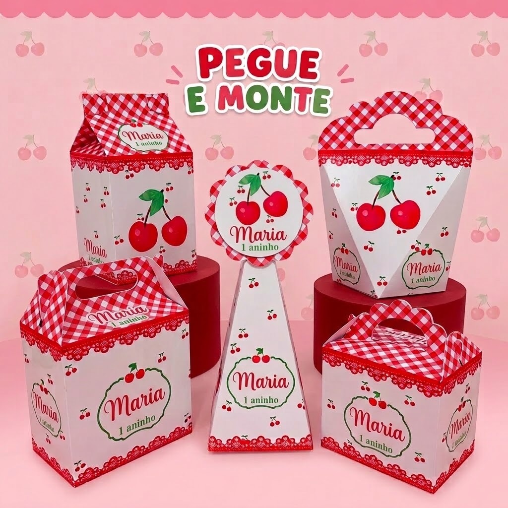 Kit Caixinha Cerejinha Personalizada | Lembrancinha Festa Aniversário Cerejinha | Kit Cerejinha Cereja "pegue e monte"