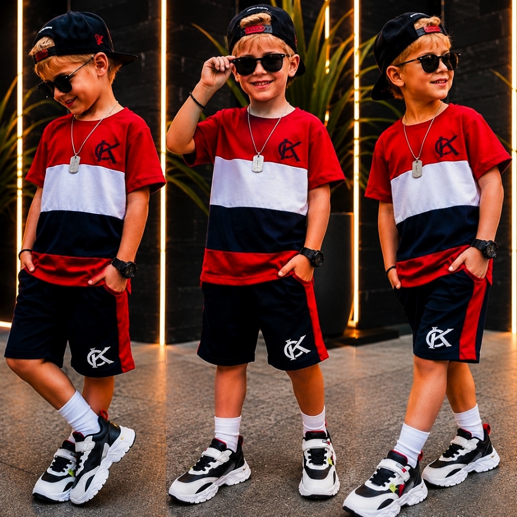 Conjunto Infantil Menino Estiloso Verão Lançamento Juvenil  Camiseta e Bermuda Veste Do 2 ao 12 anos
