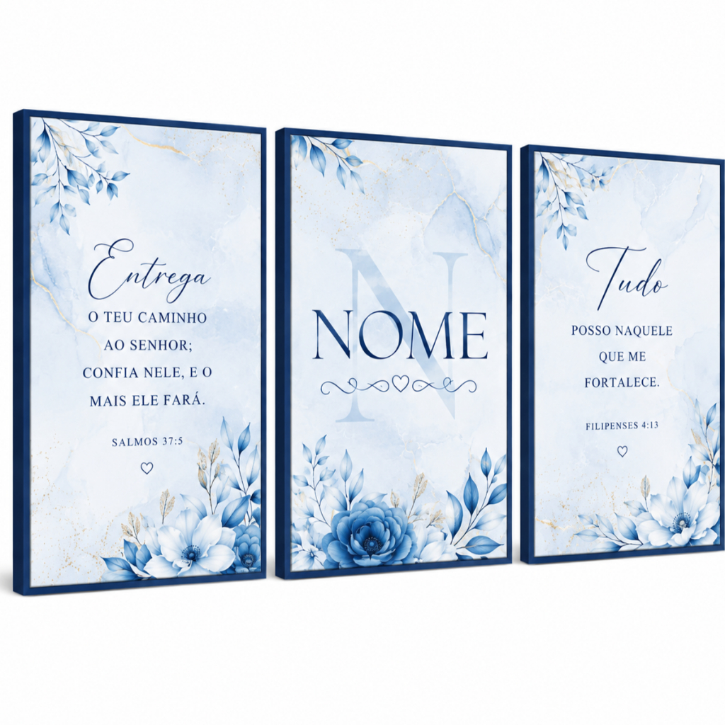 Kit 3 Quadros Decorativos Religioso Frases Bíblicas Azul Nome Personalizado Sala Quarto