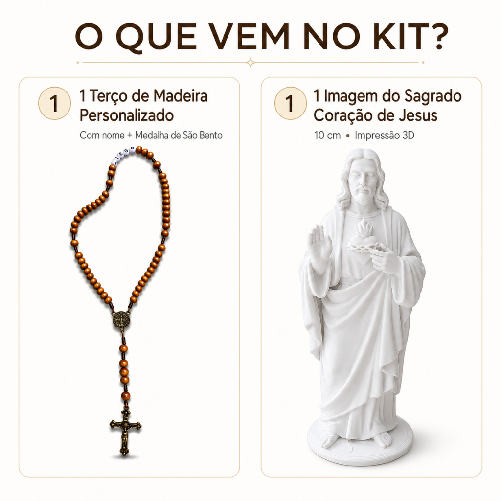 Kit Religioso Terço de Madeira Personalizado com Nome + Imagem Sagrado Coração de Jesus 10cm Presente Católico