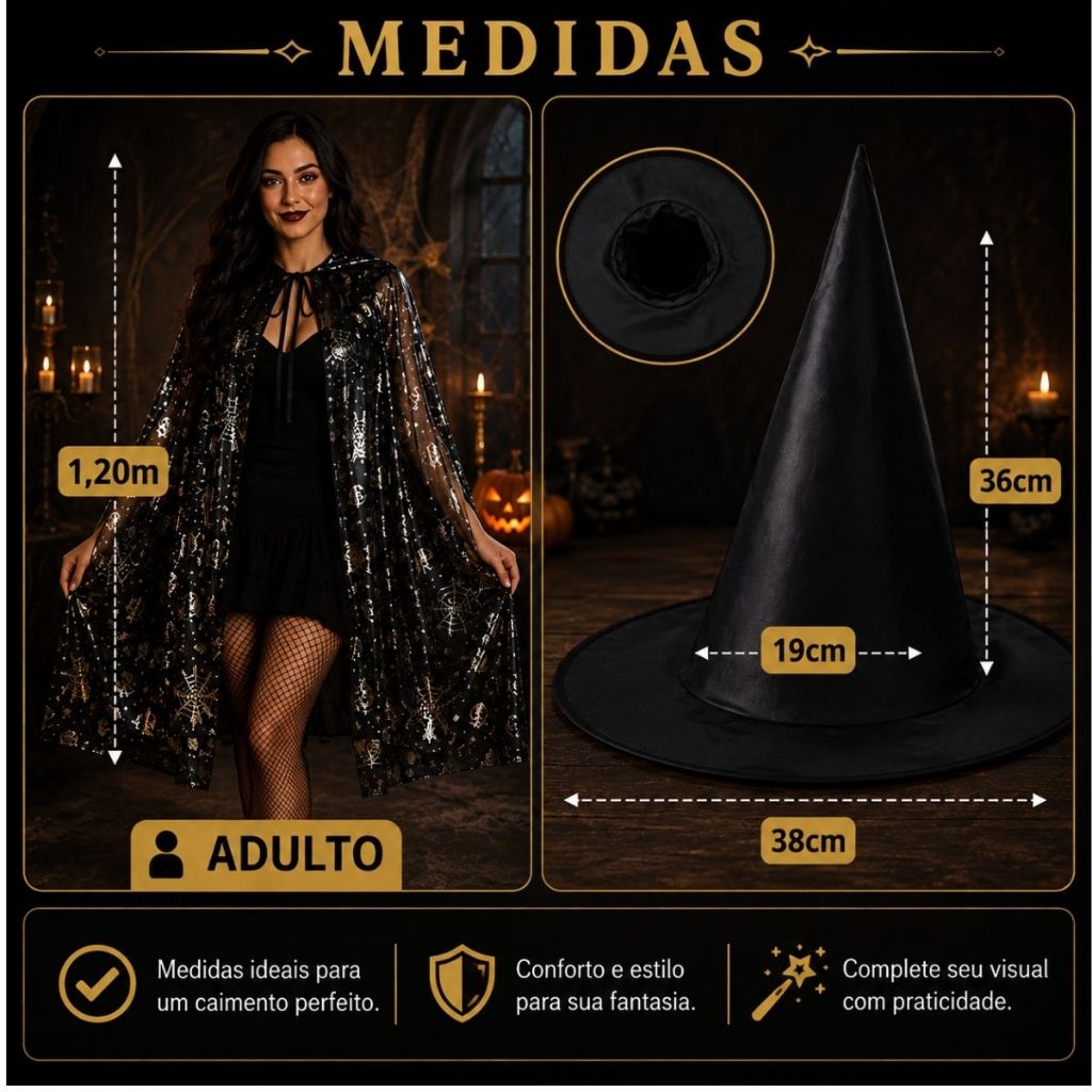 Capa Bruxa Fantasia Halloween Decoração Adulto + Chapéu Carnaval — imagem 2 de 2