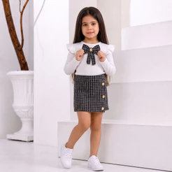 Conjunto Básico ListrasRibana Premium de 2 peças Blusa Laço +Short Saia com Botões Infantil Cropped e Shorts Saia Ribana