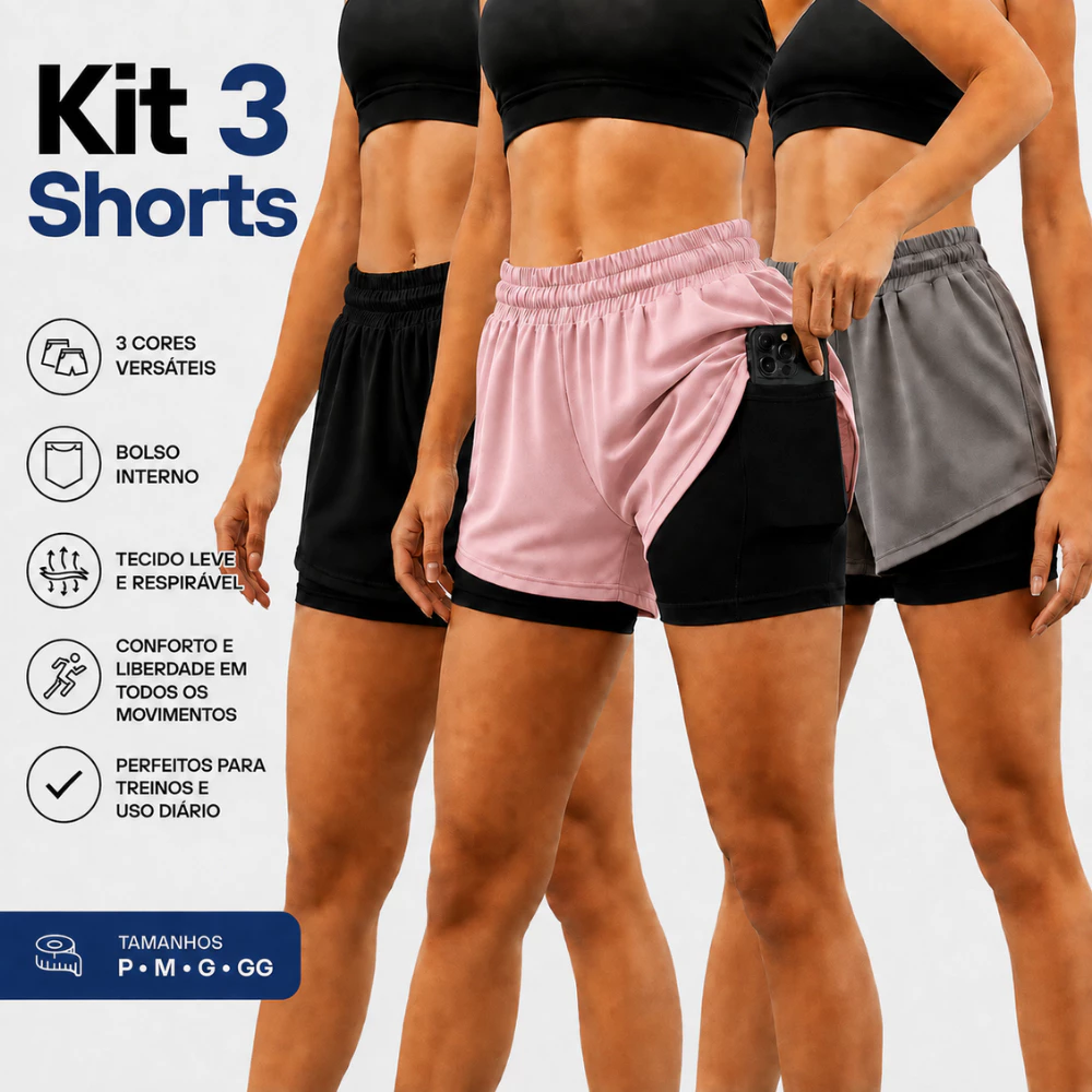 Kit 3 Shorts Feminino Dry Fit com Bolso para Celular | Academia, Corrida, Caminhada e Treino