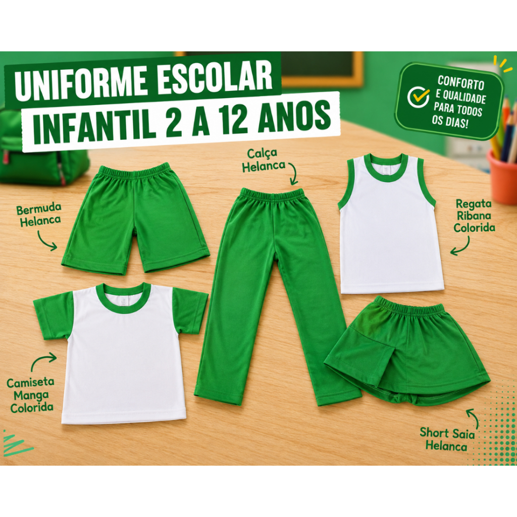 Uniforme escolar infantil short saia calça bermuda camiseta menino menina 2 a 12 anos verde
