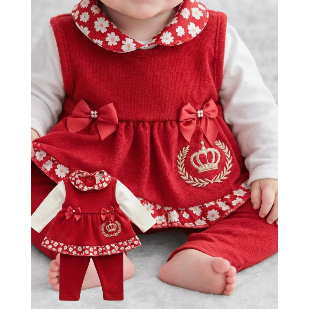 Kit Conjunto Body Vestido Manga Longa Com Calça Bebê Menina