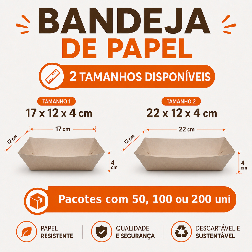 Bandeja de Papel Montada Fast food delivery 50, 100 ou 200 un