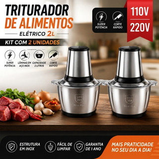 Kit 2 Processador de Alimentos Triturador Inox 2L - 4 Lâminas - Disponível em 110V / 220V