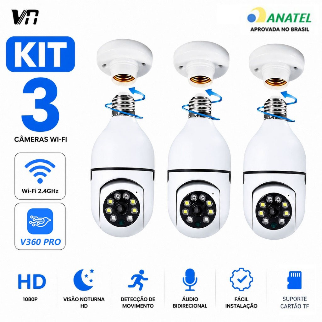 Kit 3 Câmeras Segurança WiFi 2.4G 360 Graus Encaixe Lampada Full HD Visão Noturna 8177