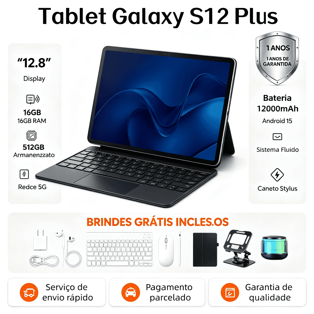 Tablet Galaxy S12 Plus 16 GB + 512 GB, 12,8 polegadas, bateria de 12000 mAh, dois chips, processador dual-core, 5G wifi