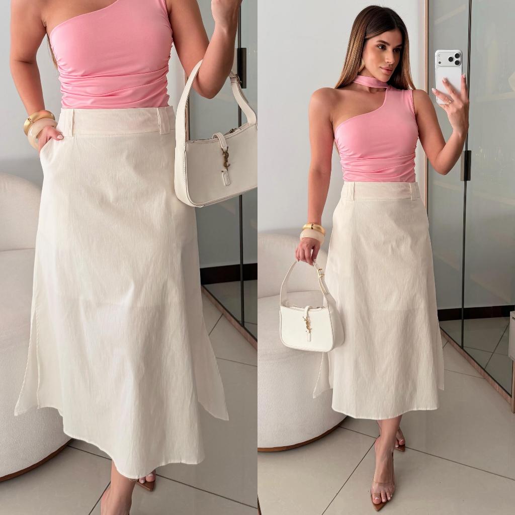 Saia Midi Feminina em Tricoline Forrado com Fenda + Passantes Casual Elegante Moda Modesta Evangelica