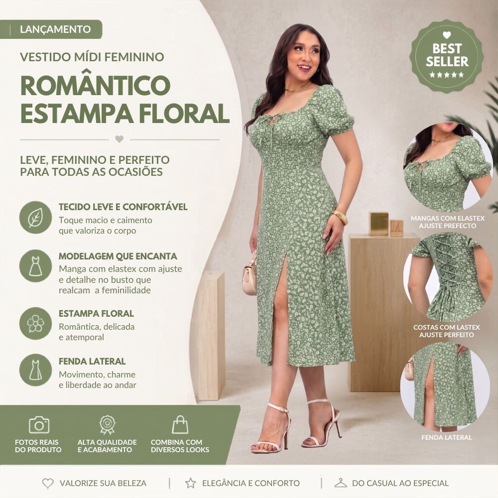 Vestido Midi Feminino Florido Ajustavel Camponesa Fenda na Frente Disponivel Varias Cores Tamanhos