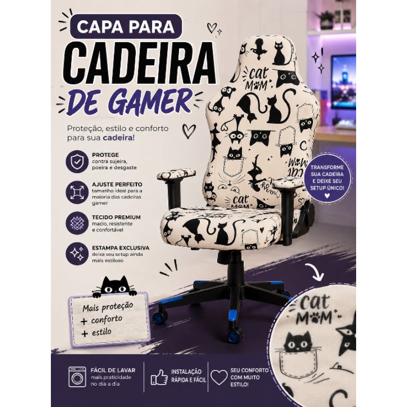 Capa removivel p/ cadeira de gamer/escritório lisa e estampas exclusivas macia, elegante e lavável.