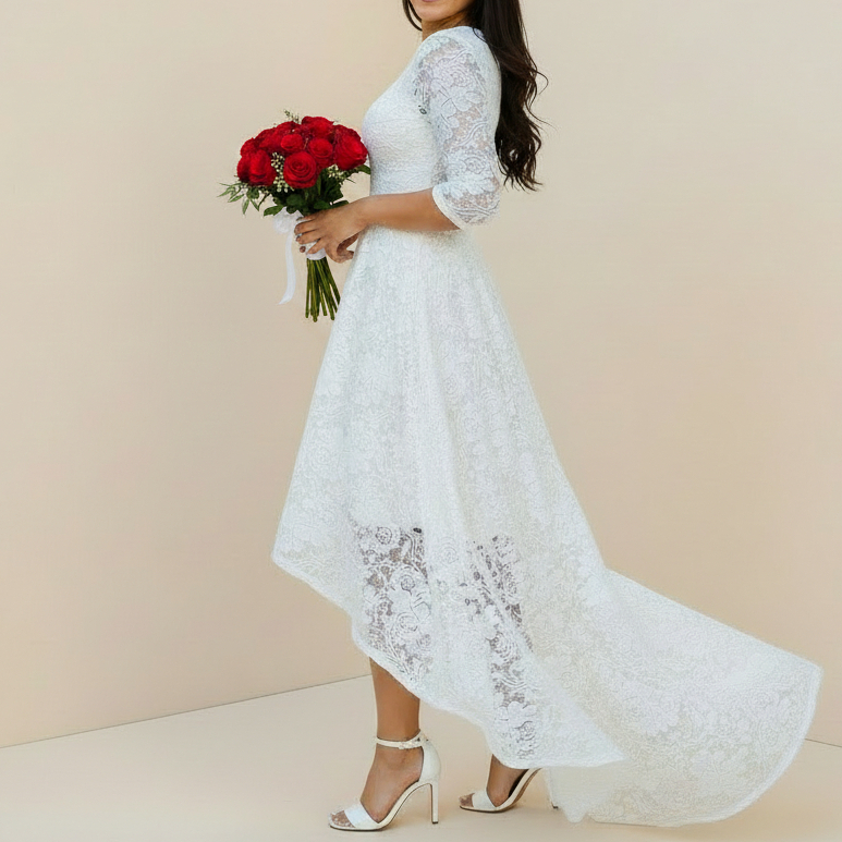 Vestido De Noiva Casamento Civil Mullet Com Cauda todo em Renda Floral cartório religioso Igreja Civil Ensaio de fotos
