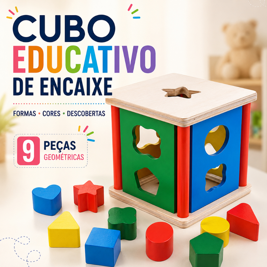 Cubo Pedagógico Educativo Formas Geométricas Montessori Madeira Coordenação Blocos de Montar Barato