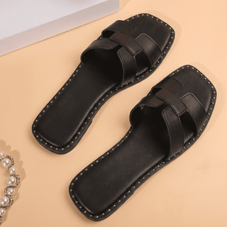 Sandália Feminina Rasteira Slide H Tachinhas Bico Quadrado Macia Elegante Confortável Casual Leve