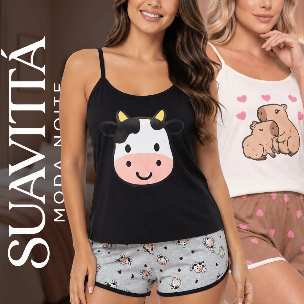 Kit 1 ou 2 Pijama Baby Doll Feminino Alcinha Verão Capivara Vaquinha Gatinho Malha Leve Confortável