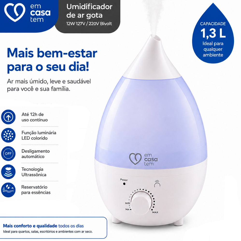 Umidificador de Ar Gota Antigravidade 300ml Ultrassônico Luz LED USB Silencioso Umidificador de Ambiente