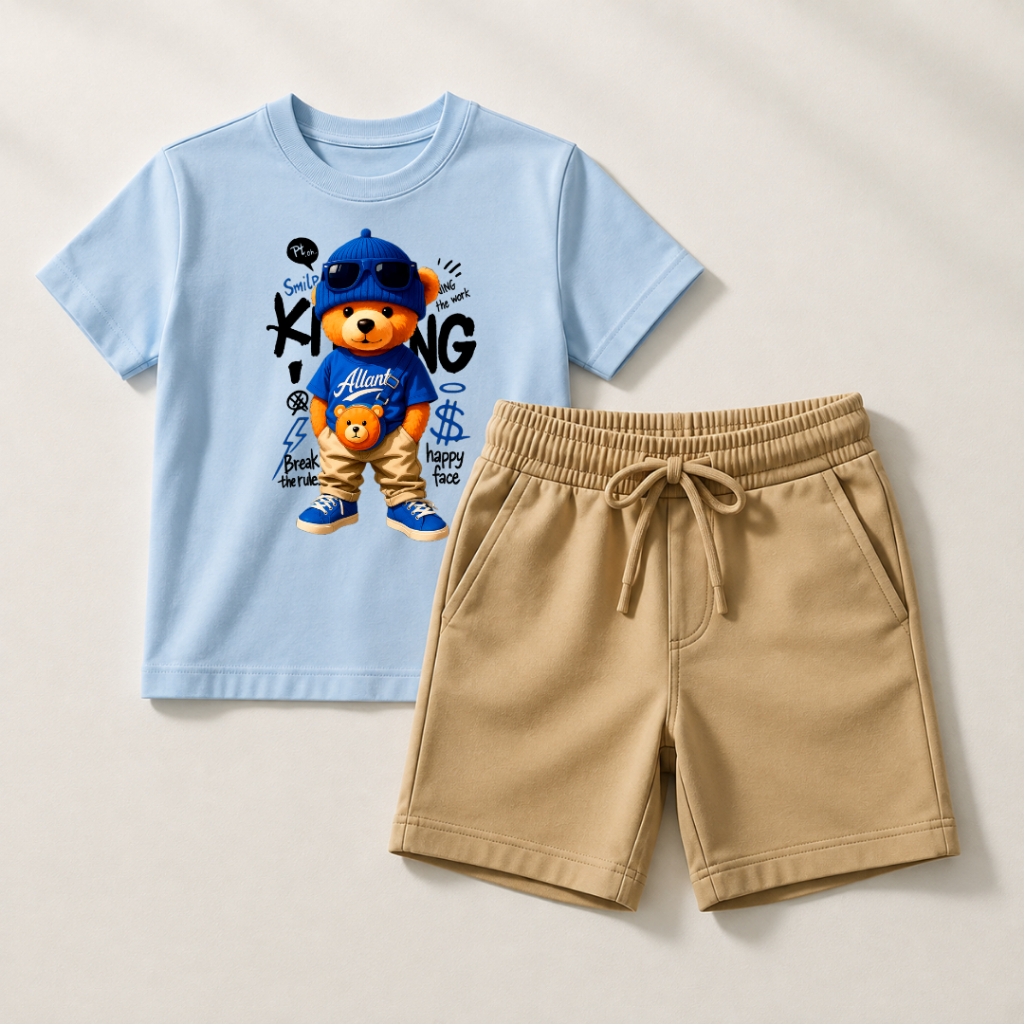 Conjunto Infantil Estampado "Urso Street Blue" Camiseta e Short Moda Verão Juvenil Masculino Várias Cores e Tamanhos
