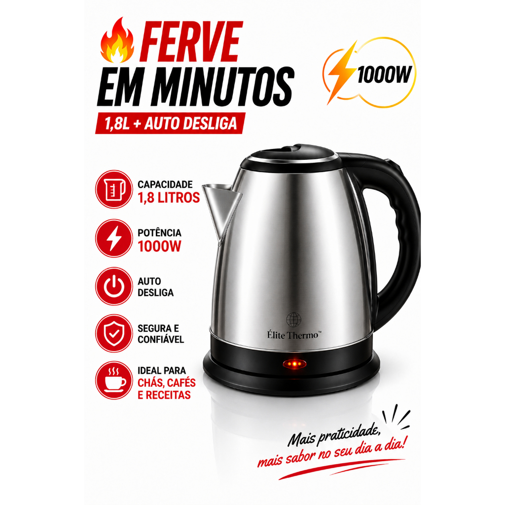 Chaleira Elétrica Inox 1,8L 1000W 110V e 220V Desligamento Automático Aquecimento Rápido