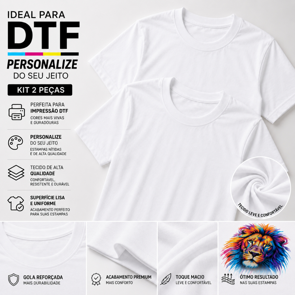 Kit 2 Camisetas Masculinas Básicas Lisas Sem Estampa Branca Pra DTF 100% Algodão Modelagem Confortável Diversos Tamanhos