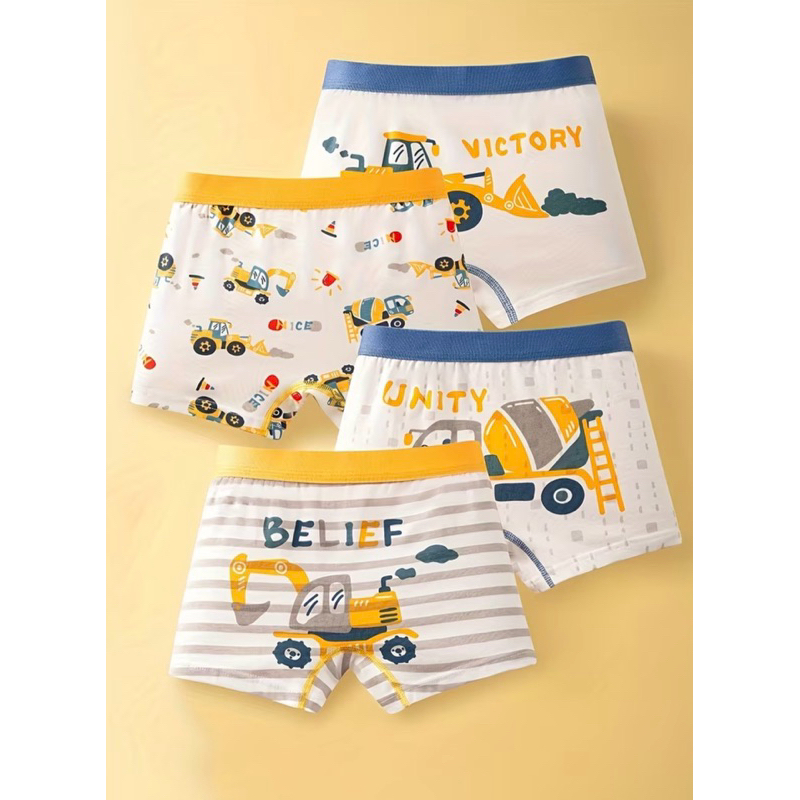 Pacote com 4 Cuecas Boxer para Meninos com Estampas de Escavadeira de Desenho Animado, Veículo de Construção e Animais