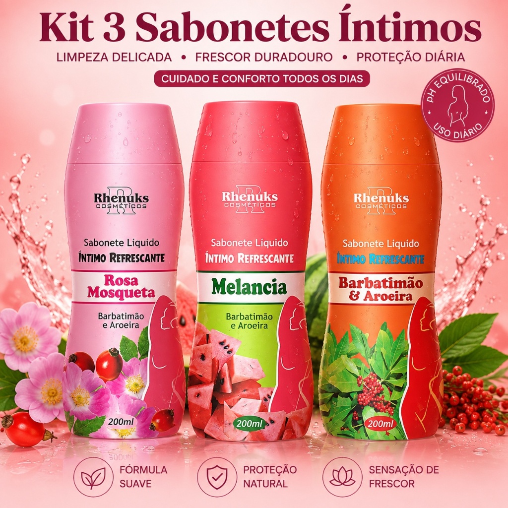 Kit 3 Sabonete Íntimo Refrescante Rosa Mosqueta/ Melância/ Barbatimão 200ml Cada