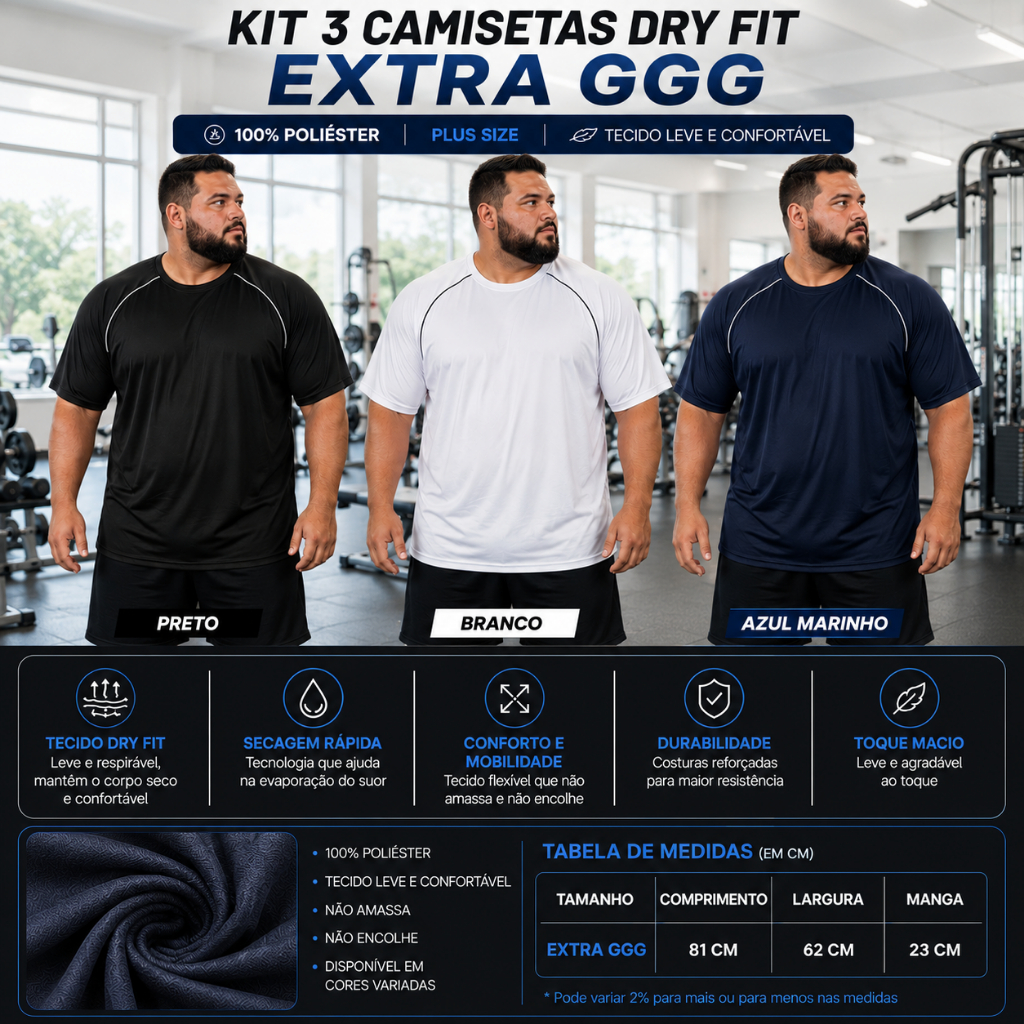 Kit3 Camisetas Camisas Tam Extra-Plus G1-G3 Dry Fit Lisa Basica Masculina  Casual - Academia - Esportes - Football