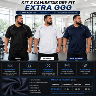Kit3 Camisetas Camisas Tam Extra-Plus G1-G3 Dry Fit Lisa Basica Masculina  Casual - Academia - Esportes - Football
