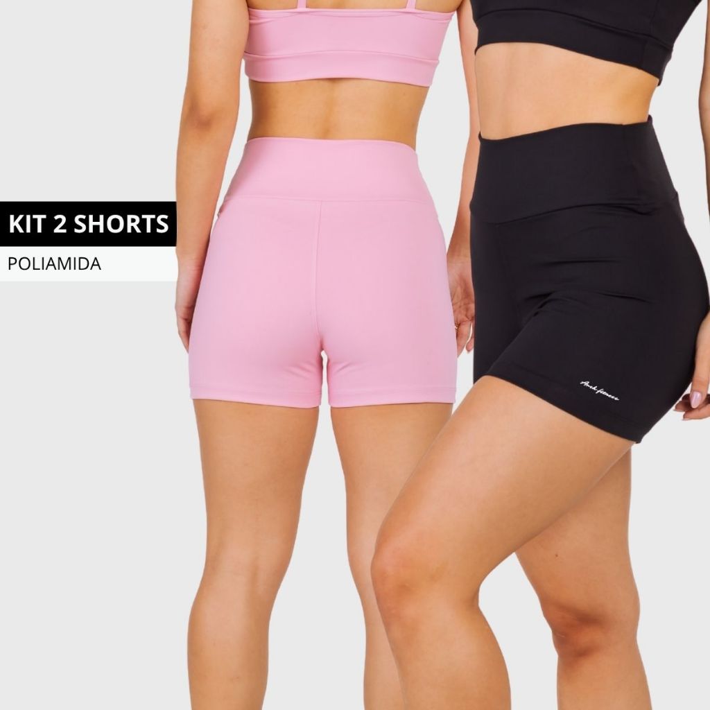 Kit 2 Shorts Fitness Poliamida Zero Transparência Compressão Cós Reforçado Alto  Academia Feminino