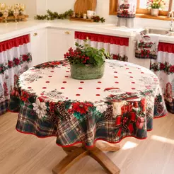 Toalha Para Mesa Festiva Redonda De 4 Lugares 1,45m x 1,45m -Estampa Coleção Papai Noel Xadrez